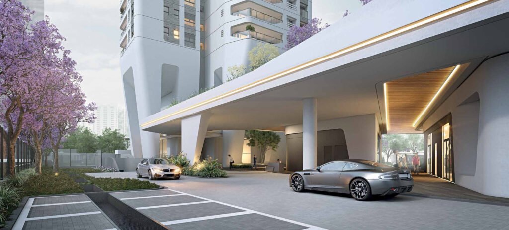 Perspectiva ilustrada de porte-cochère | vagas para visitantes do EZ Parque da Cidade.