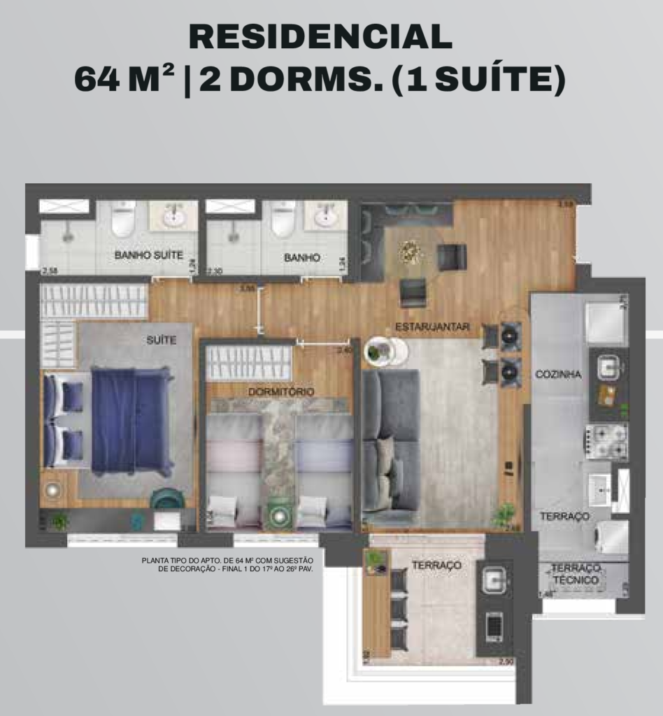 Planta humanizada do apartamento de 64 m² com 2 dormitórios, sendo 1 suíte, do Hub Brooklin by Ez