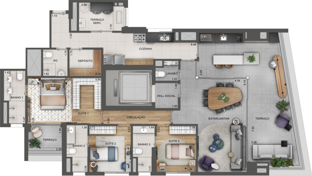 Planta humanizada do apartamento tipo de 166 m² com 3 suítes do Lindenberg Alto das Nações