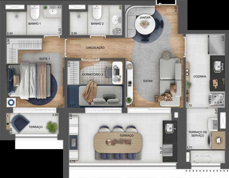 Planta humanizada do apartamento de 69 m² com 2 dormitórios do Town Residences by Lindenberg