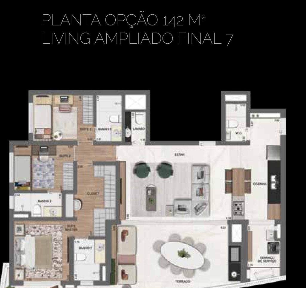 Planta humanizada da opção de 142 m² com living ampliado do Arkadio EZ by OTT