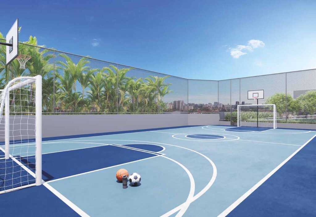 Perspectiva ilustrada de quadra de esportes do Azzure Resort Life.