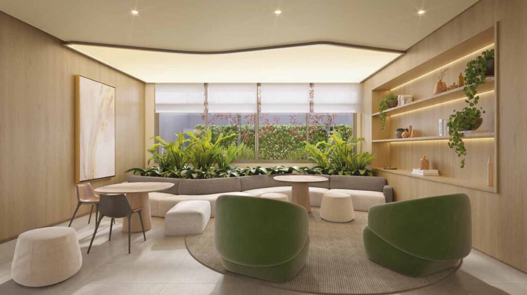 Perspectiva ilustrada de coworking do Brooklin Studios.