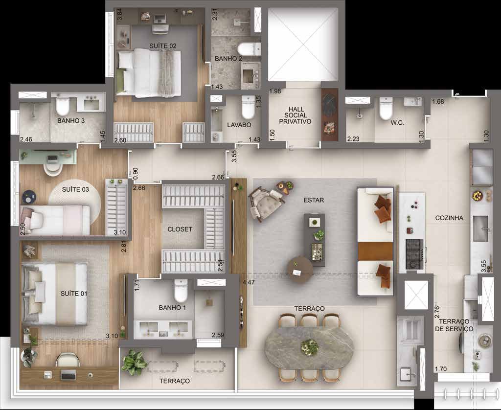 Planta humanizada opcao do apartamento de 136 m2 com 3 suites do Casa Nacional Eztec
