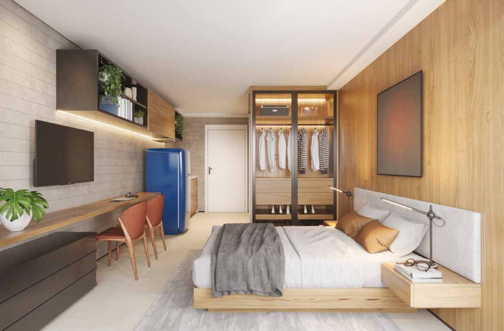 Perspectiva ilustrada de living studio residencial de 31 m² — final 16 do Dot. 230 by Triptyque.