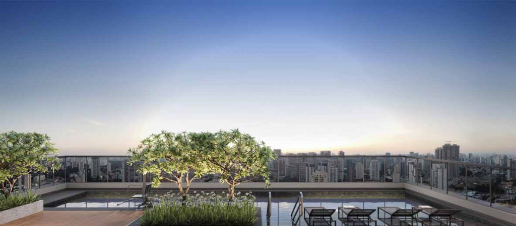 Perspectiva ilustrada de vista sky pool — 27º pav. rooftop do Hub Brooklin by Ez.