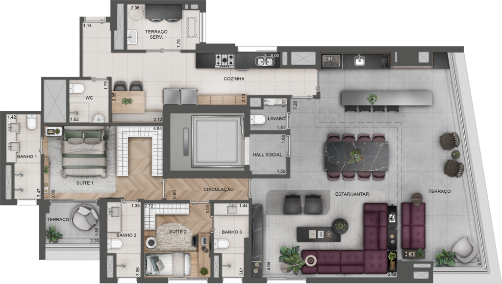 Planta humanizada da opção de 166 m² com 2 suítes do Lindenberg Alto das Nações