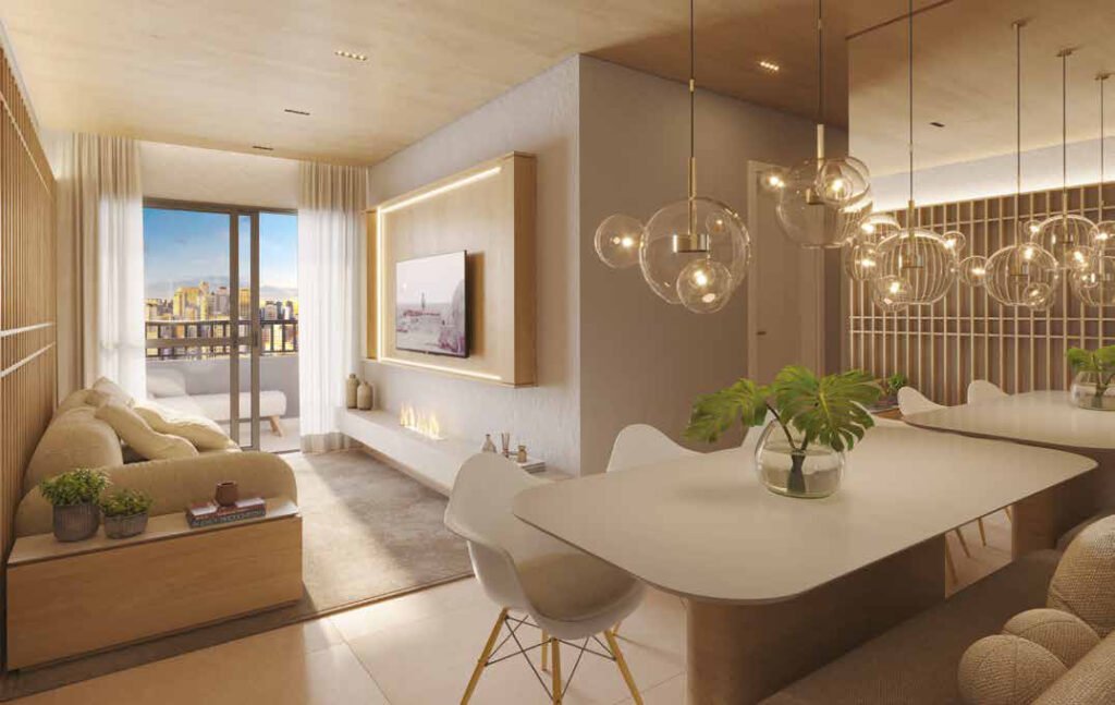 Perspectiva ilustrada de living do apto. de 72 m² — 3 dorms. do Moved Osasco.
