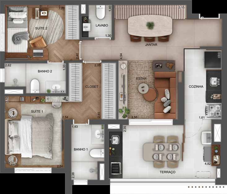 Planta humanizada do apartamento de 75 m² com 2 suítes do Town Residences by Lindenberg