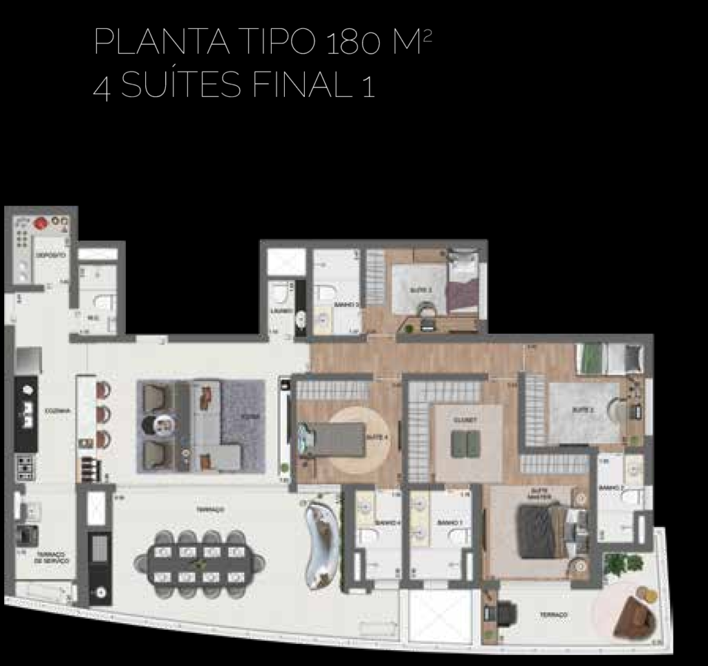 Planta humanizada do apartamento tipo de 180 m² com 4 suítes do Arkadio EZ by OTT