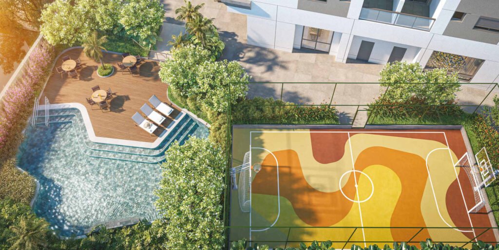 Perspectiva aerea do lazer do Casa Nacional Eztec, com piscina e quadra de esportes