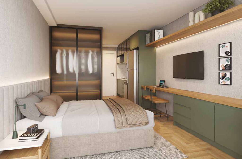 Perspectiva ilustrada de living studio residencial de 23 m² — final 23 do Dot. 230 by Triptyque.