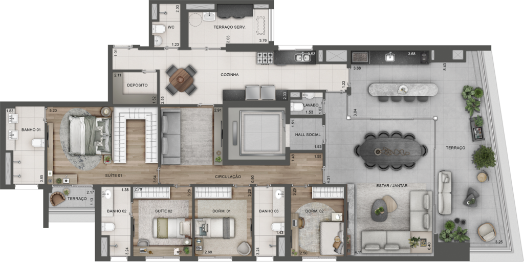 Planta humanizada do apartamento tipo de 213 m² com 4 dormitórios, sendo 2 suítes, do Lindenberg Alto das Nações