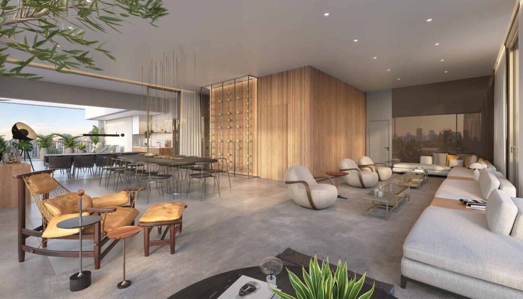 Perspectiva ilustrada de living penthouse de 520 m² do Lindenberg Vista Brooklin.