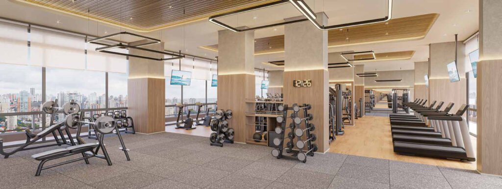 Perspectiva do fitness do 38º pavimento do Town Residences by Lindenberg, com esteiras e área de musculação junto às janelas