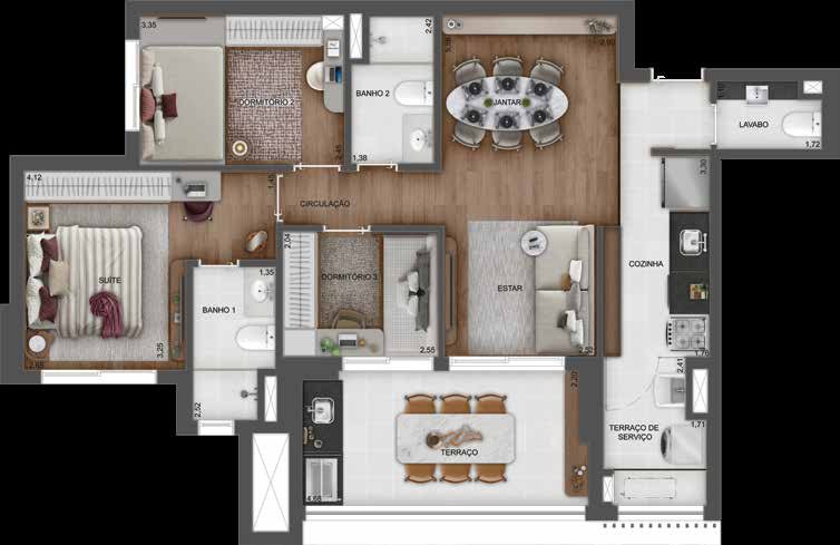 Planta humanizada do apartamento de 87 m² com 3 dormitórios do Town Residences by Lindenberg