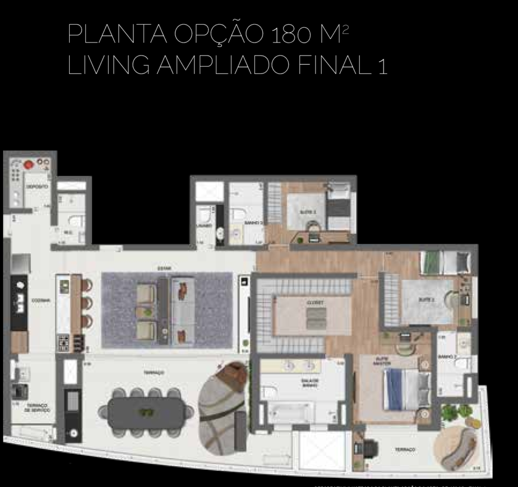 Planta humanizada da opção de 180 m² com living ampliado do Arkadio EZ by OTT