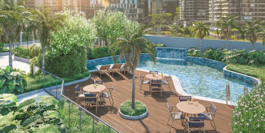 Perspectiva do solario do Casa Nacional Eztec, com deck, espreguicadeiras e palmeiras