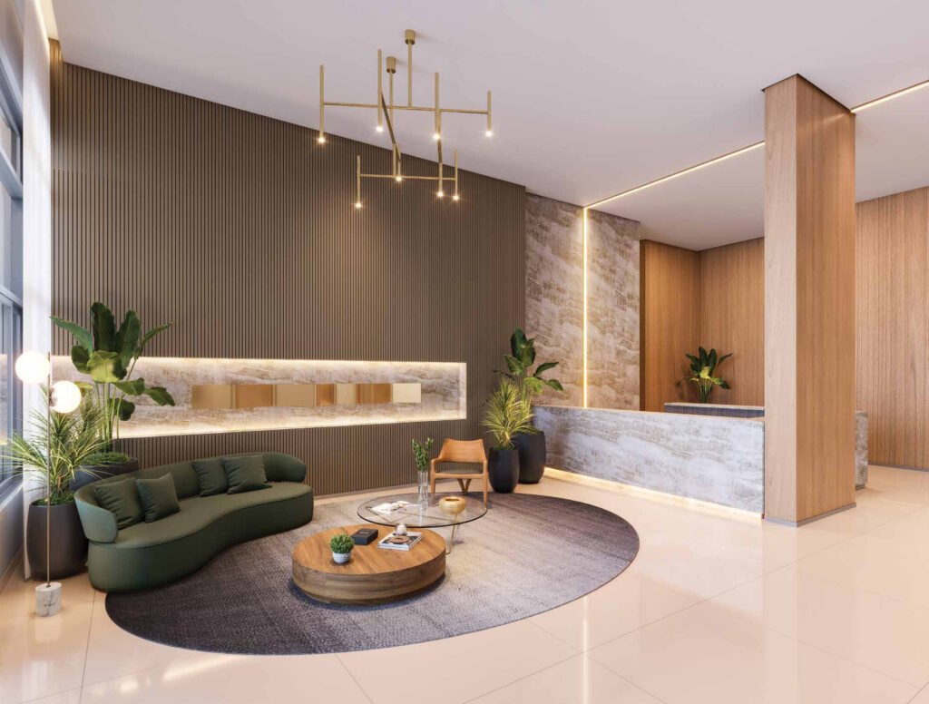 Perspectiva ilustrada de lobby do Haute Brooklin by Ez.