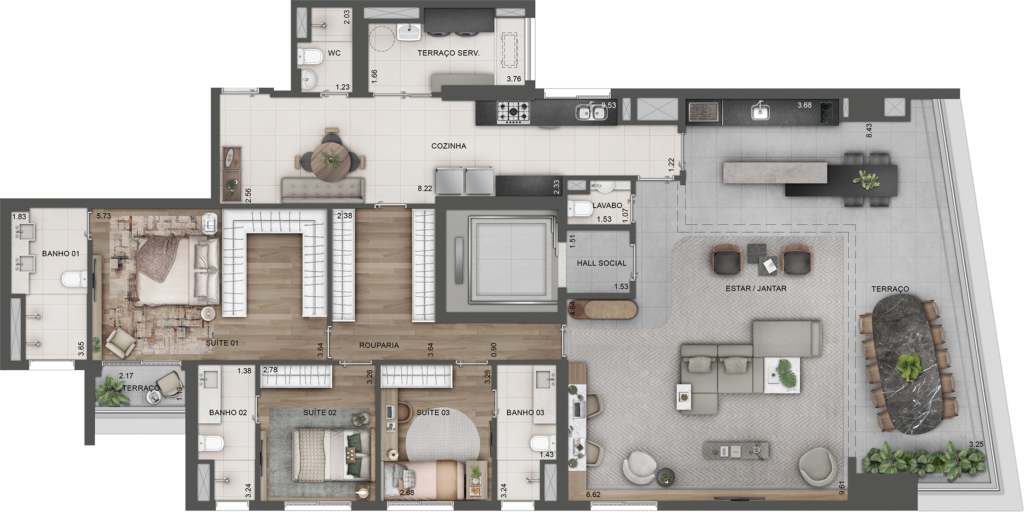 Planta humanizada da opção de 213 m² com 3 suítes do Lindenberg Alto das Nações