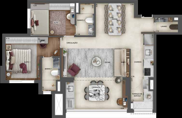 Planta humanizada do apartamento de 87 m² na opção com 2 suítes do Town Residences by Lindenberg