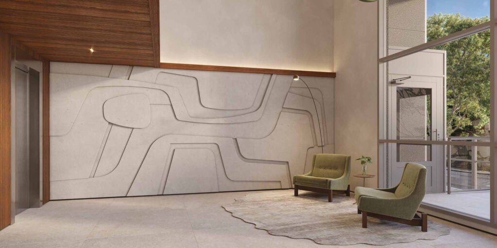 Perspectiva do atrio do Casa Nacional Eztec, com painel artistico e pe-direito alto