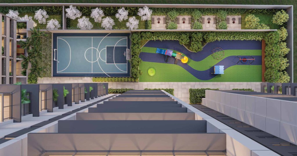 Perspectiva ilustrada de voo quadra recreativa do Haute Brooklin by Ez.