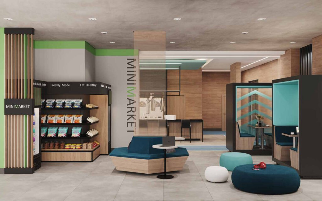 Perspectiva ilustrada de coworking/coliving do In Design Ipiranga.