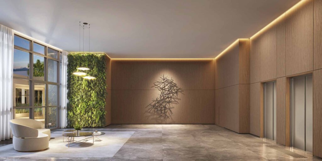 Perspectiva ilustrada de lobby — torre design tower do Lindenberg Ibirapuera.