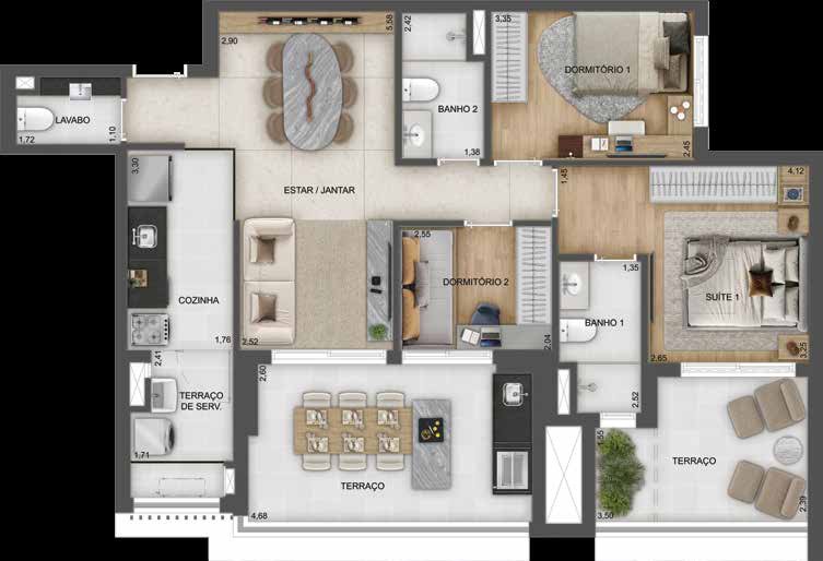 Planta humanizada do apartamento de 100 m² com 3 dormitórios do Town Residences by Lindenberg