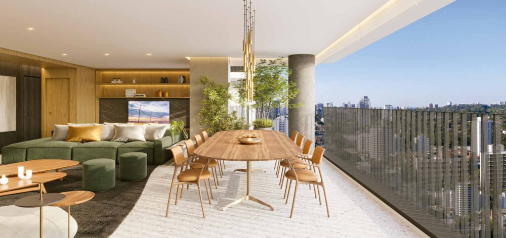 Perspectiva ilustrada de living do apto. de 215 m² do Agami Park Residences.