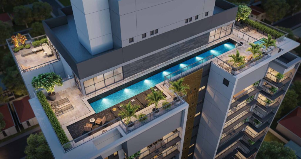 Perspectiva ilustrada de voo rooftop do Haute Brooklin by Ez.