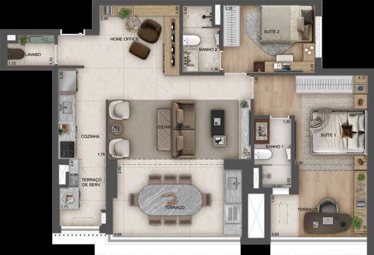 Planta humanizada do apartamento de 100 m² na opção com 2 suítes do Town Residences by Lindenberg