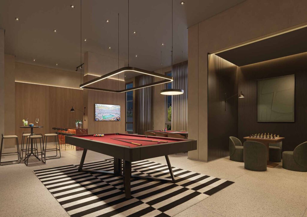 Perspectiva do sports bar no 3º pavimento do Town Residences by Lindenberg, com mesa de sinuca, área de jogos e bar