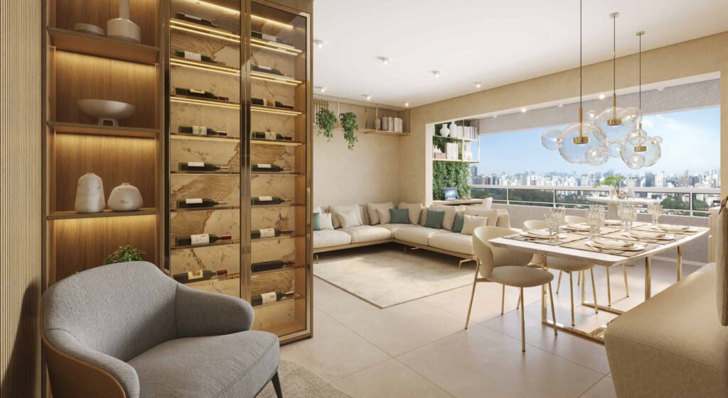 Perspectiva ilustrada de living do apto. opção de 71 m² do Villares Parada Inglesa.
