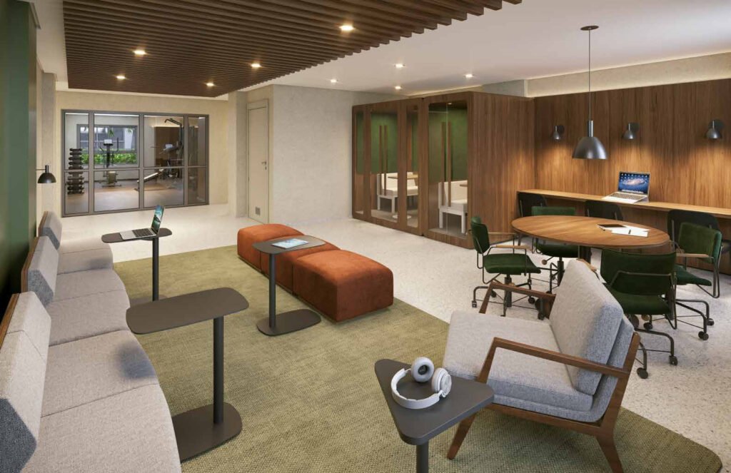 Perspectiva ilustrada de coworking do Alt Studios by Eztec.
