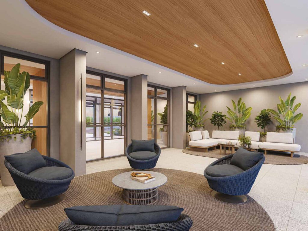 Perspectiva ilustrada de coliving do Blue Marine.