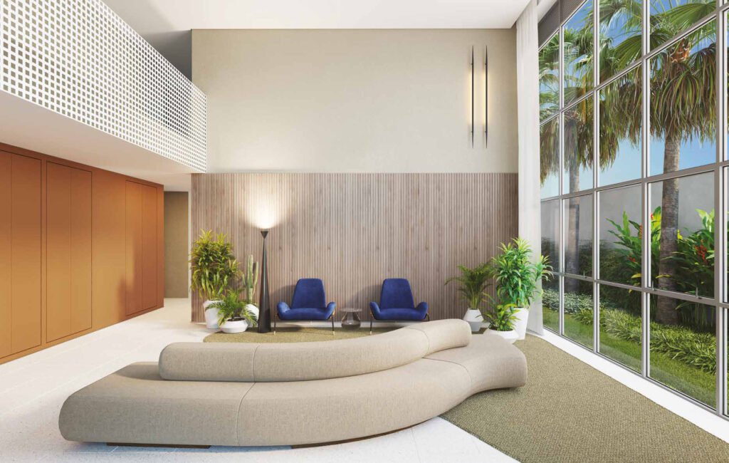 Perspectiva ilustrada de lobby / recepção do Dot. 230 by Triptyque.