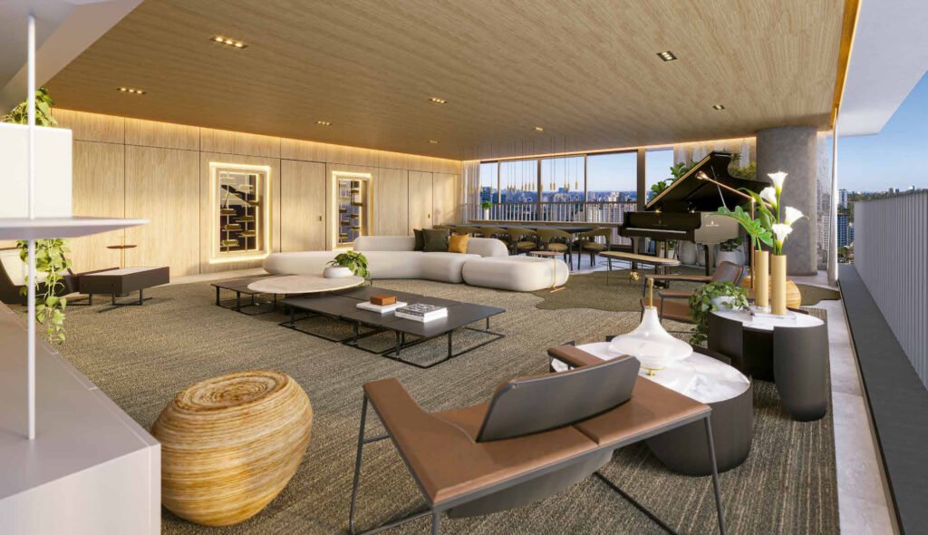 Perspectiva ilustrada de living do apto. de 290 m² do Agami Park Residences.