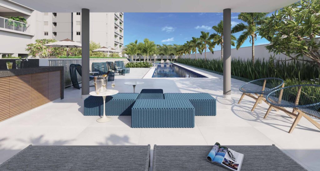 Perspectiva ilustrada de pool house do East Blue.