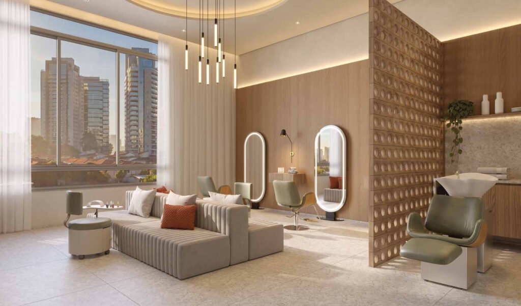 Perspectiva do beauty room no 3º pavimento do Town Residences by Lindenberg, com cadeiras, espelhos e lavatório junto à janela