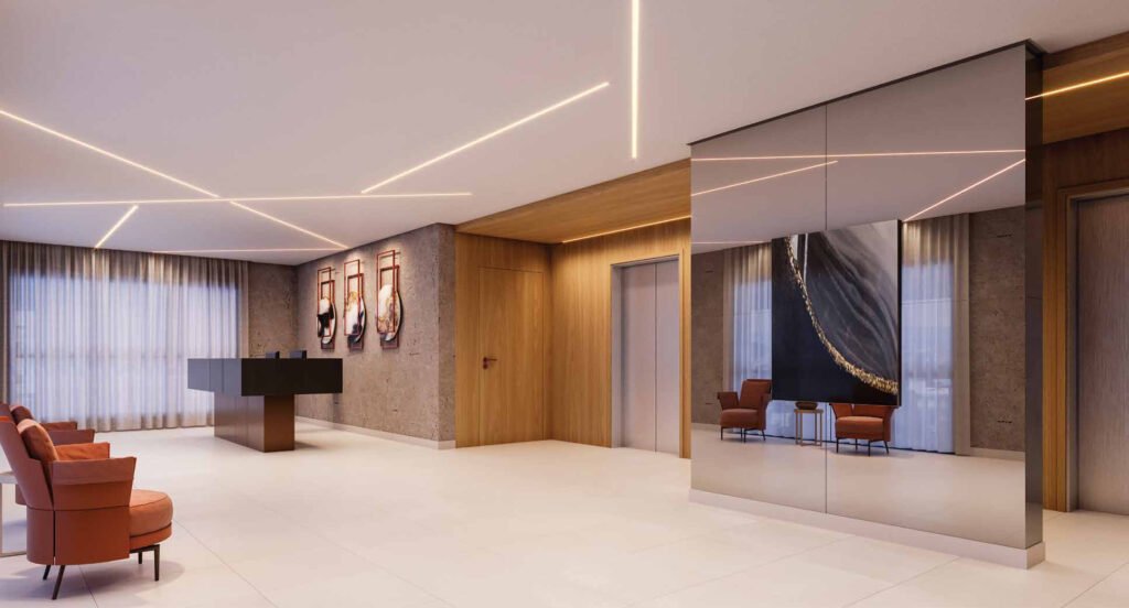 Perspectiva ilustrada de lobby/concierge do Z Ibirapuera.
