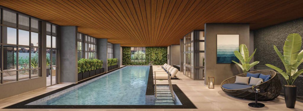 Perspectiva ilustrada de piscina coberta de 25 m do Haute Brooklin by Ez.