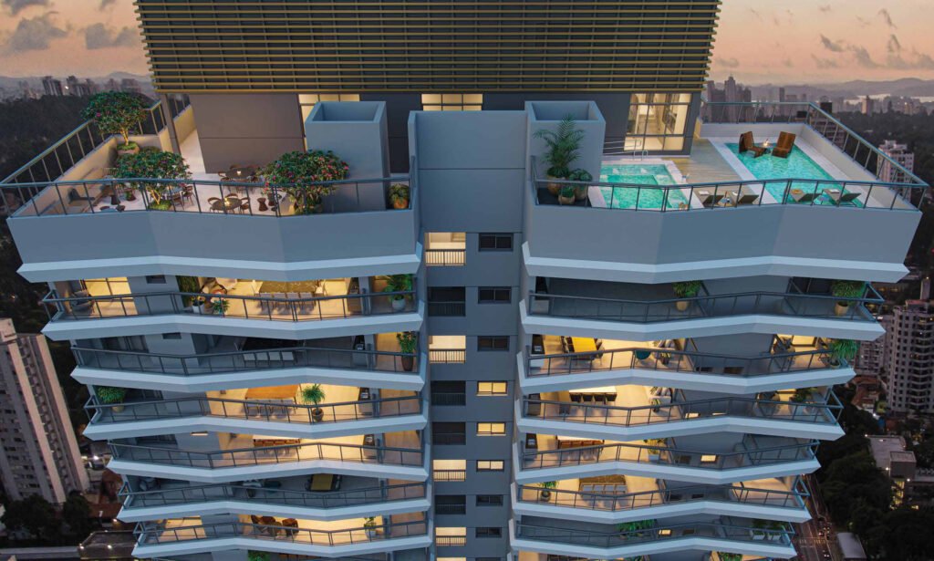 Perspectiva ilustrada de voo rooftop do Signature by Ott.