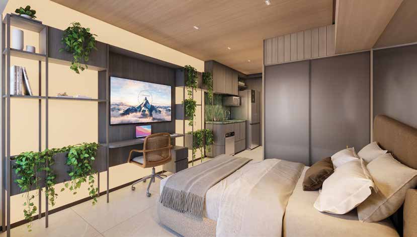 Perspectiva ilustrada do studio de 29 m² do Town Residences by Lindenberg, com cama, painel de TV e estante integrada
