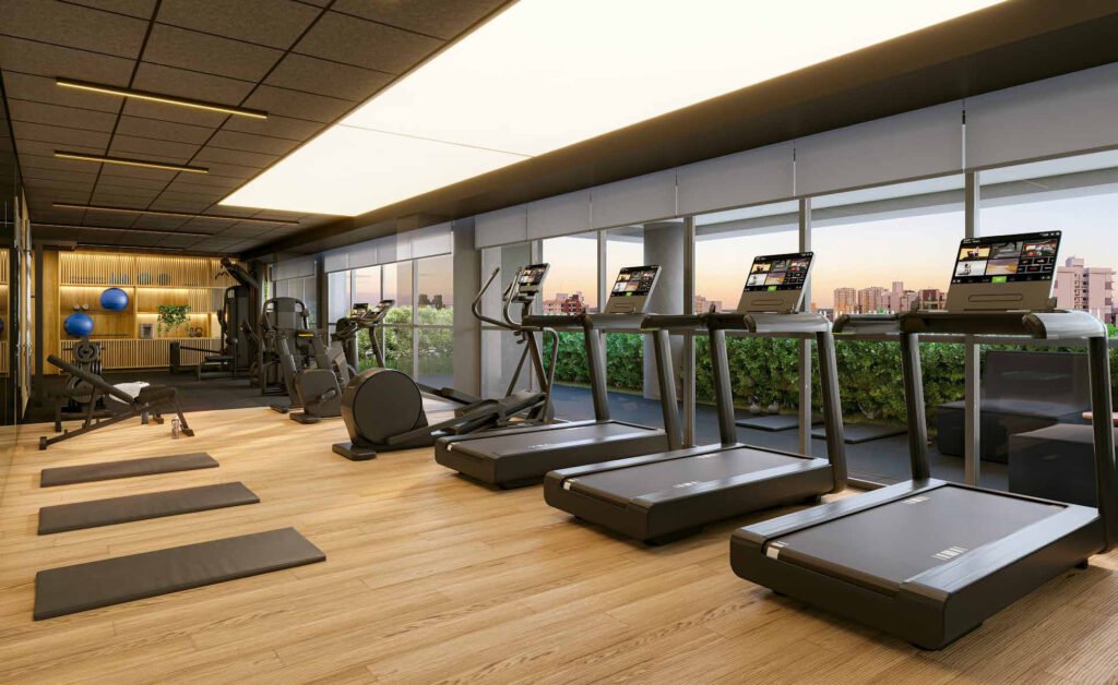 Perspectiva ilustrada de fitness aeróbico do Agami Park Residences.
