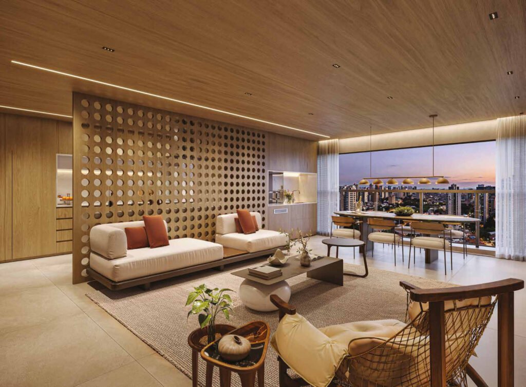 Perspectiva do living do apartamento de 136 m2 do Casa Nacional Eztec, com painel de madeira