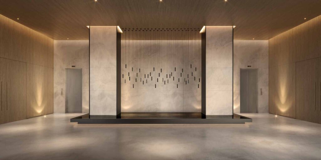 Perspectiva ilustrada de lobby do Lindenberg Vista Brooklin.