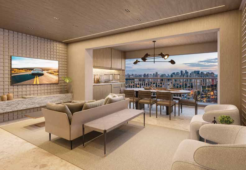Perspectiva do living do apartamento de 100 m² do Town Residences by Lindenberg, integrado ao terraço com vista para a cidade